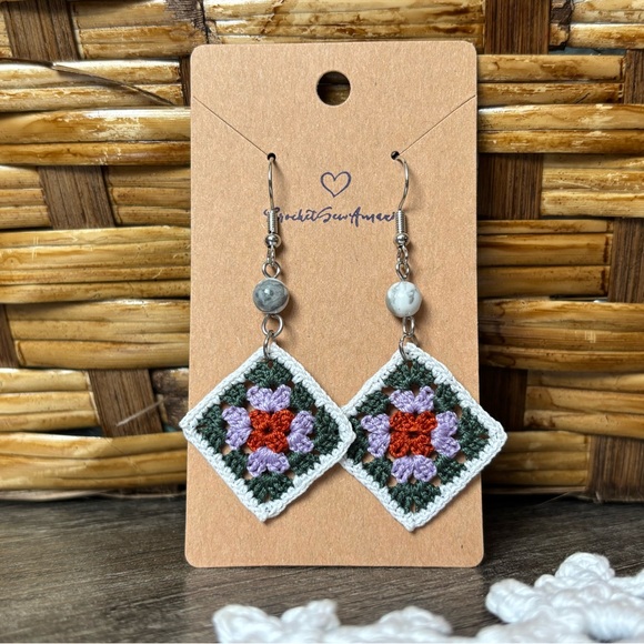 Hand Crafted Jewelry - NEW Handcrafted Multi Color Granny Square Earrings